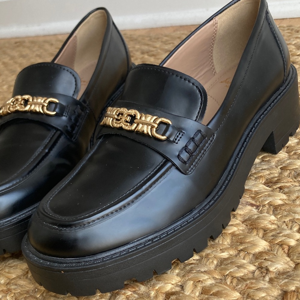Sam Edelman Black Leather Platform Loafers with Gold Chain - Picture 4 of 10